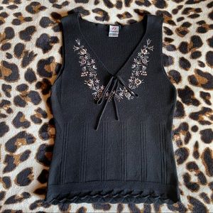 vintage black floral embroidered knit blouse